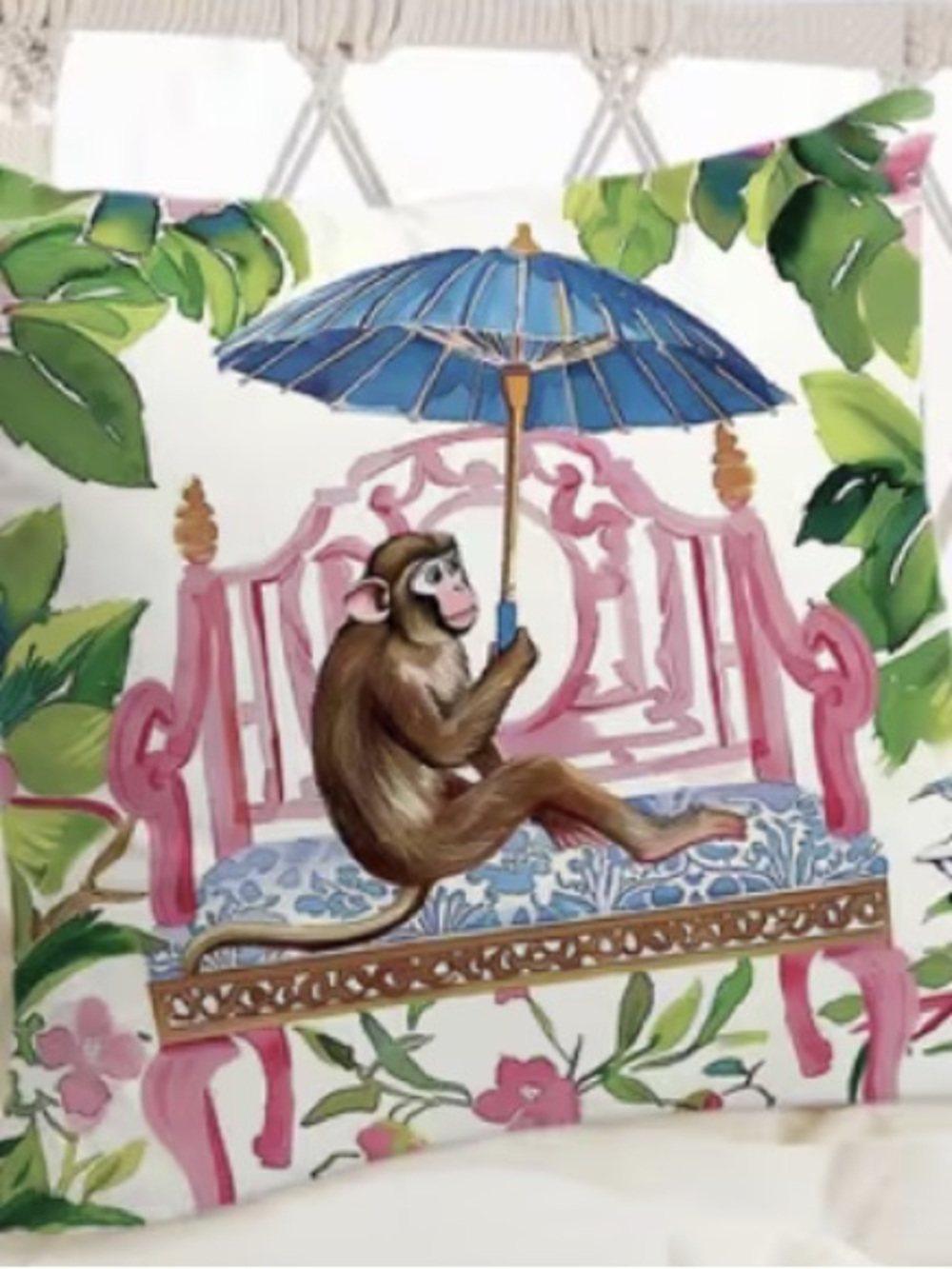 Monkey on Bench Decorative  Pillow Cover- Blue & Pink